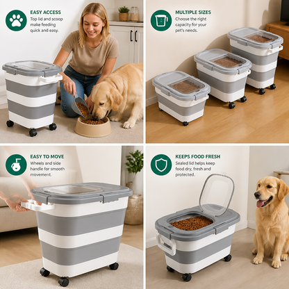 Collapsible Pet Food Storage Container with Wheels Lid and Scoop