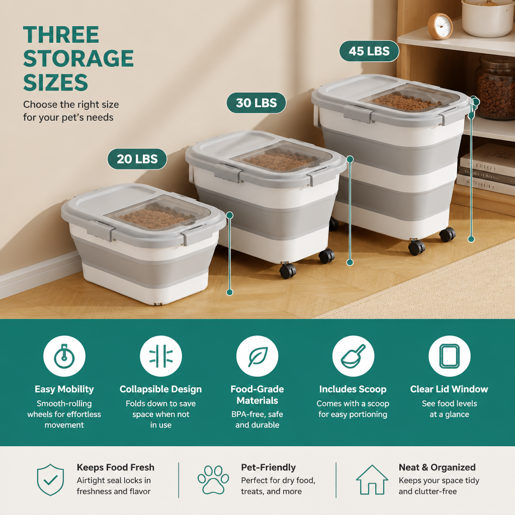 Collapsible Pet Food Storage Container with Wheels Lid and Scoop