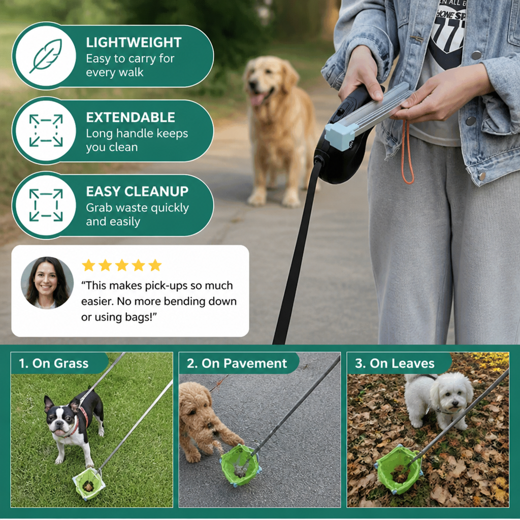 Portable Pet Waste Scoop with Extendable Handle for Easy Dog Walking Cleanup