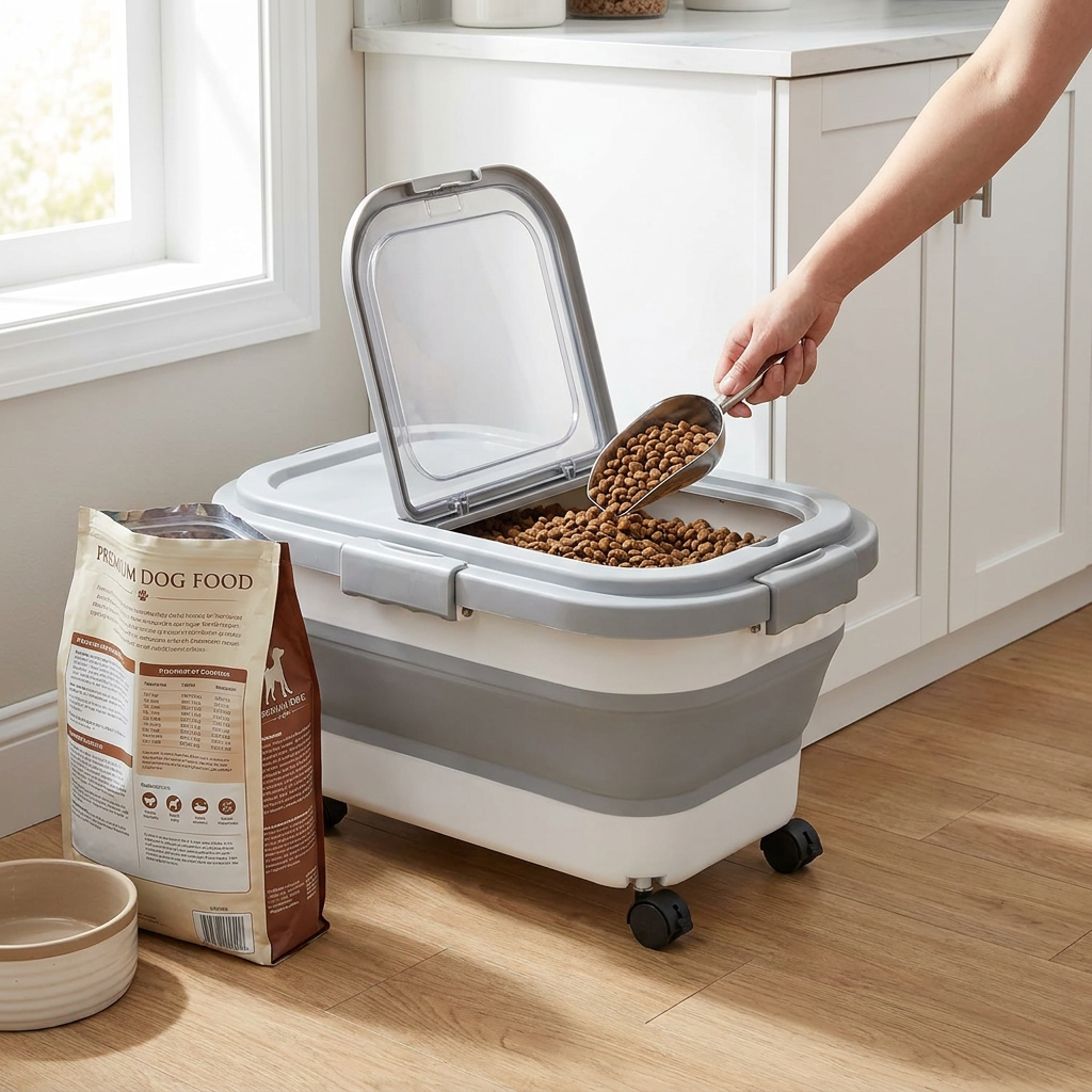 Collapsible Pet Food Storage Container with Wheels Lid and Scoop