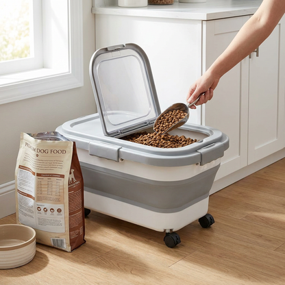 Collapsible Pet Food Storage Container with Wheels Lid and Scoop